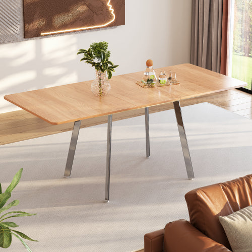 Moderner minimalistischer ausziehbare Esstisch in eleganter Naturfarbe und silber verschromt Beine– 140 cm x 80 cm ausziehar bis 180cm, hochfeste Legierungsstütze, geeignet für 4-6 Personen