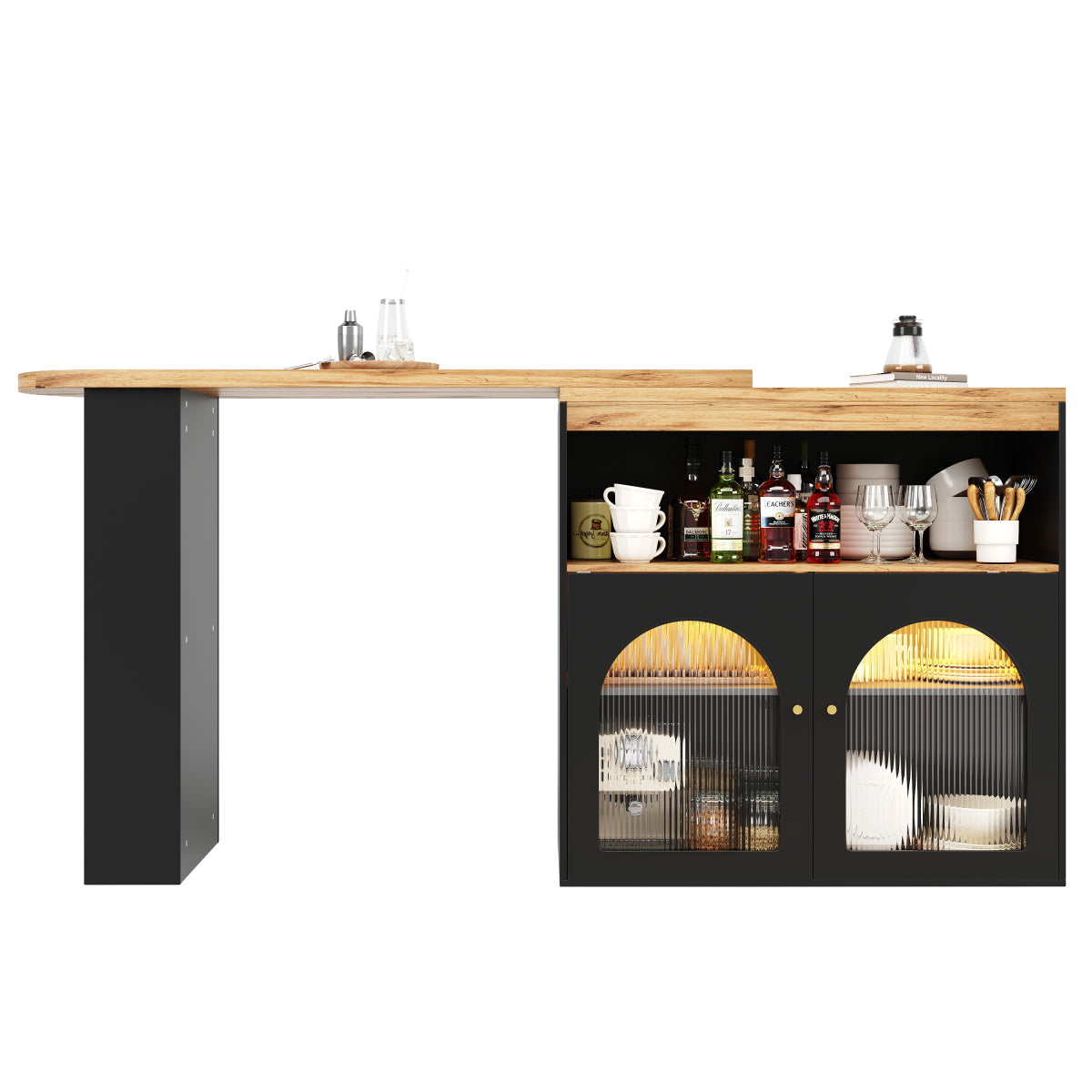 Bartisch ausziehbar 138-193cm, 360° drehbarer Stehtisch mit LED-Beleuchtung & Glasfront, Bistrotisch mit 3 Ablagen, Küchentisch, Schwarz