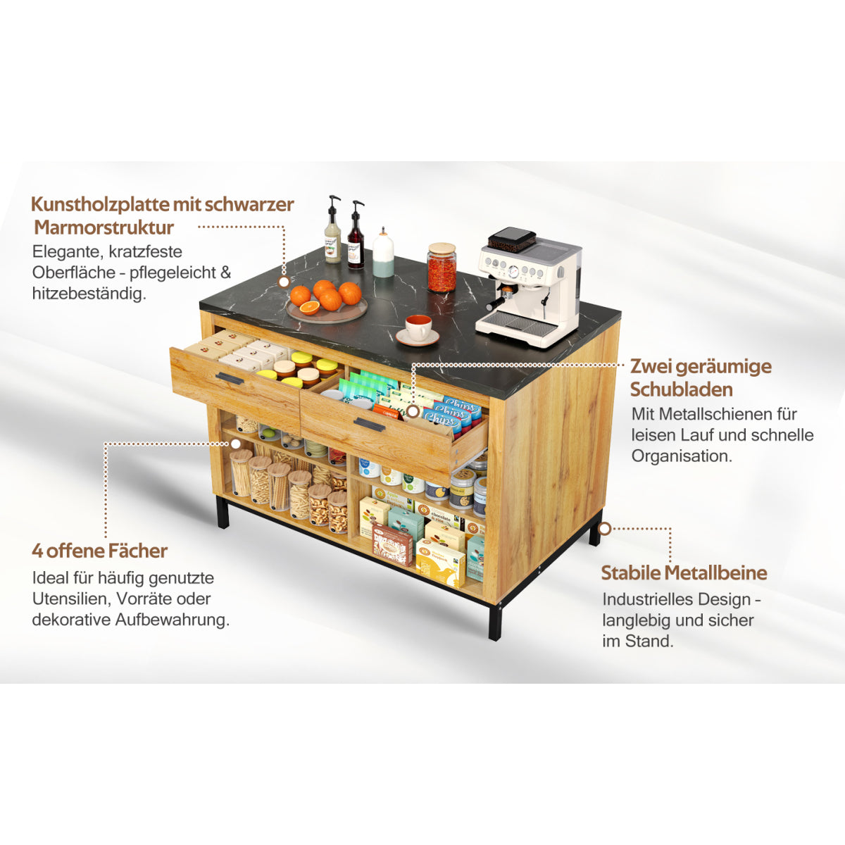 Kücheninsel 120x75 cm (Eiche & Marmor-Optik), Küchentheke mit Sitzplatz, 2 Schubladen, Metallgestell