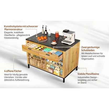 Kücheninsel 120x75 cm (Eiche & Marmor-Optik), Küchentheke mit Sitzplatz, 2 Schubladen, Metallgestell