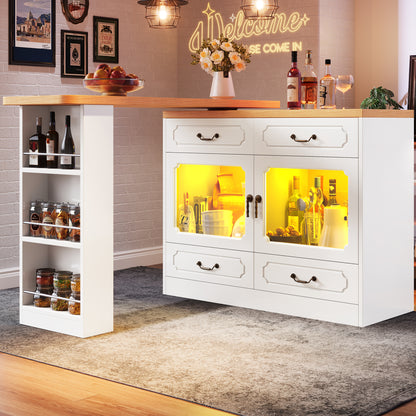 Bartisch ausziehbar 135-203cm, 360° drehbarer Stehtisch mit App-LED-Steuerung & Musik-Modus, Weißer Hochtisch mit 4 Schubladen & Regal