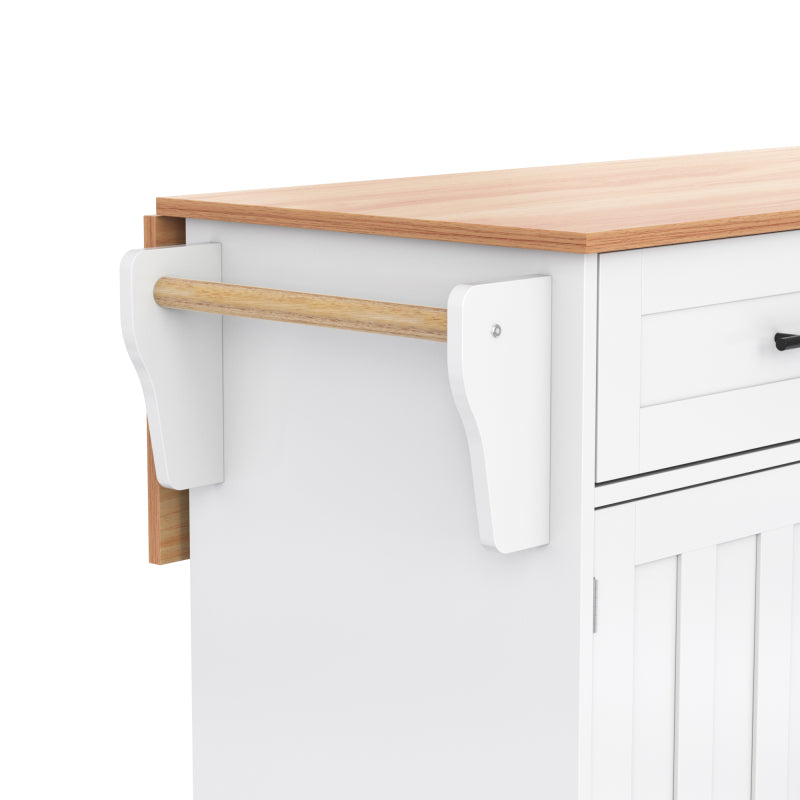 129x46(71)x91,5 cm großer Speisewagen/Sideboard, Arbeitsplatte mit Massivholzmaserung + Weiß Schrank/faltbare Arbeitsplatte/Aufbewahrungstür-Design/Räder/Massivholzfüße umschaltbar/für Zuhause geeig