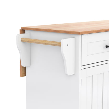 129x46(71)x91,5 cm großer Speisewagen/Sideboard, Arbeitsplatte mit Massivholzmaserung + Weiß Schrank/faltbare Arbeitsplatte/Aufbewahrungstür-Design/Räder/Massivholzfüße umschaltbar/für Zuhause geeig