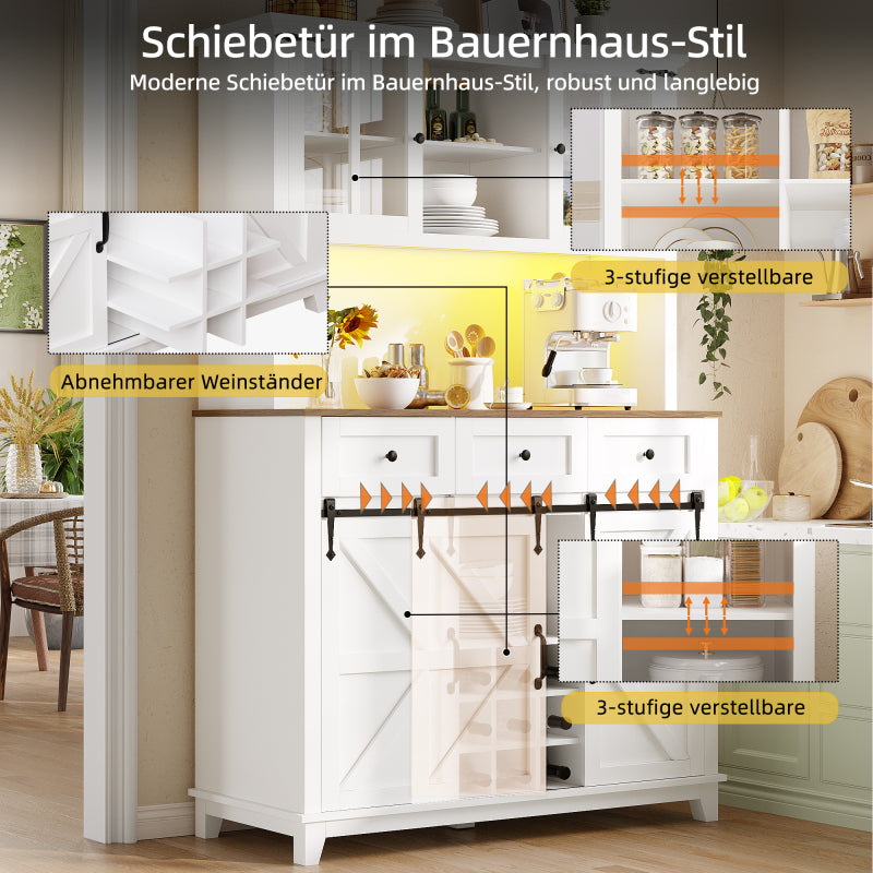 Küchenschrank(105×38.4×180cm), Hochschrank Küchenbuffet, Sideboard mit LED-Beleuchtung,Variable Lichtfarben, weiß