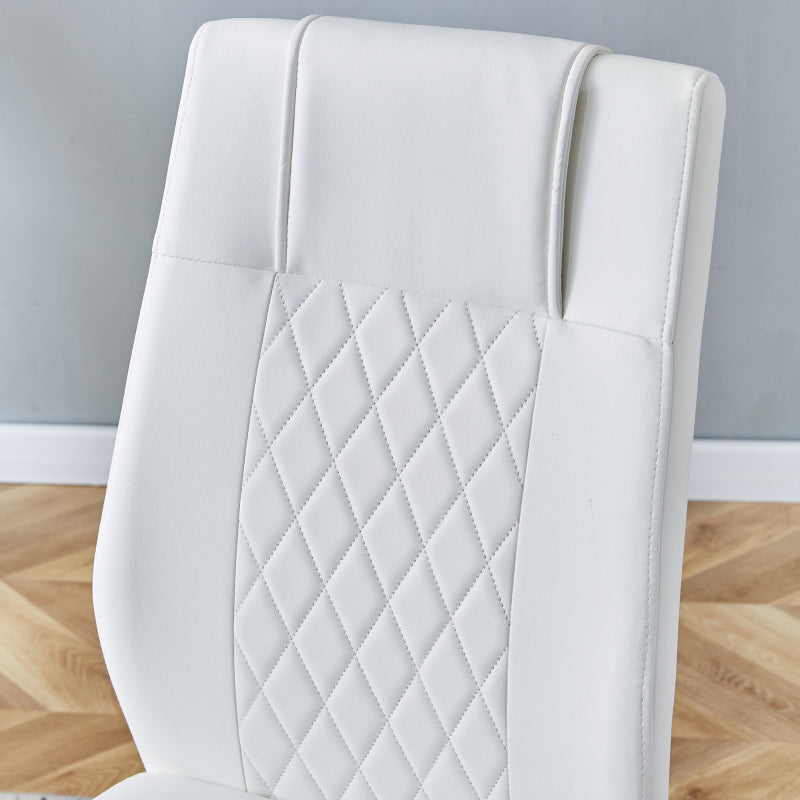 Nordischer Stil weißer PU Stuhl (vier Säcke in einem Paket) - Rückenlehne mit diamantförmigem Gitternähtdesign, glänzende silberne Metallbeine