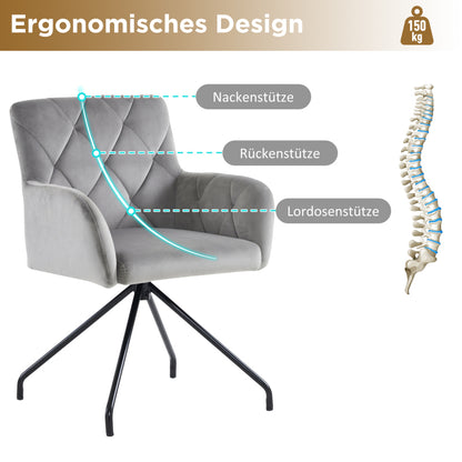 2er Set Esszimmerstühle mit Rautenmuster,Gepolsterter Sessel mit 4 Metallbeinen, Lendenwirbelstütze, Samt,hellgrau