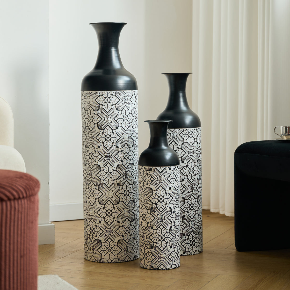 3er Set Bodenvase Metall, Schwarz-Weiß, Retro Stil, 83/65/50 cm hoch