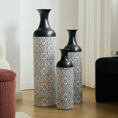 3er Set Bodenvase Metall, Schwarz-Weiß, Retro Stil, 83/65/50 cm hoch