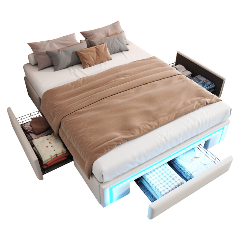 Bettgestell 140X200 mit Schubladen, PU-Leder Bett ohne Kopfteil Mit LED-Lichtleiste, MetalllattenPlattformbett für moderne Schlafzimmer Beige