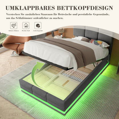 90x200 cm Modernes Velours-Polsterbett mit höhenverstellbarem Kopfteil - Inkl. USB/Type-C-Anschlüssen, LED-Ambientebeleuchtung, hydraulischem Lift-System & XXL-Stauraum (ohne Matratze) - Gray