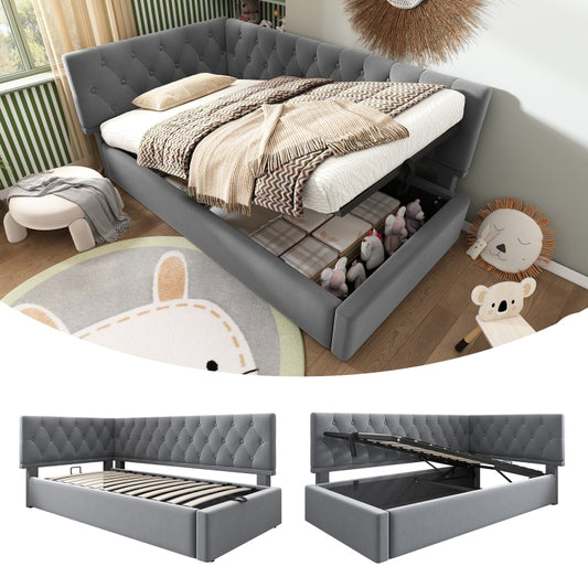 Polsterbett Tagesbett Daybett 90x200cm, Schlafsofa mit hydraulischem Stauraum, Kinderbett Jugendbett Bettgestell mit Lattenrost aus Holz, Samt, Grau, ohne Matratze.