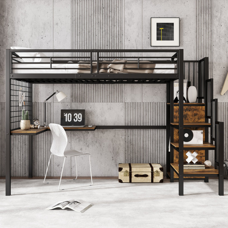 Eisenbett, Etagenbett, Hochbett, Geeignet für Kinder und Jugendliche, mit Tisch und Kleiderschrank, Seitenleiter mit Handlauf, Eisen+Spanplatte, Schwarz+dunkle Holzfarbe, 90x200cm