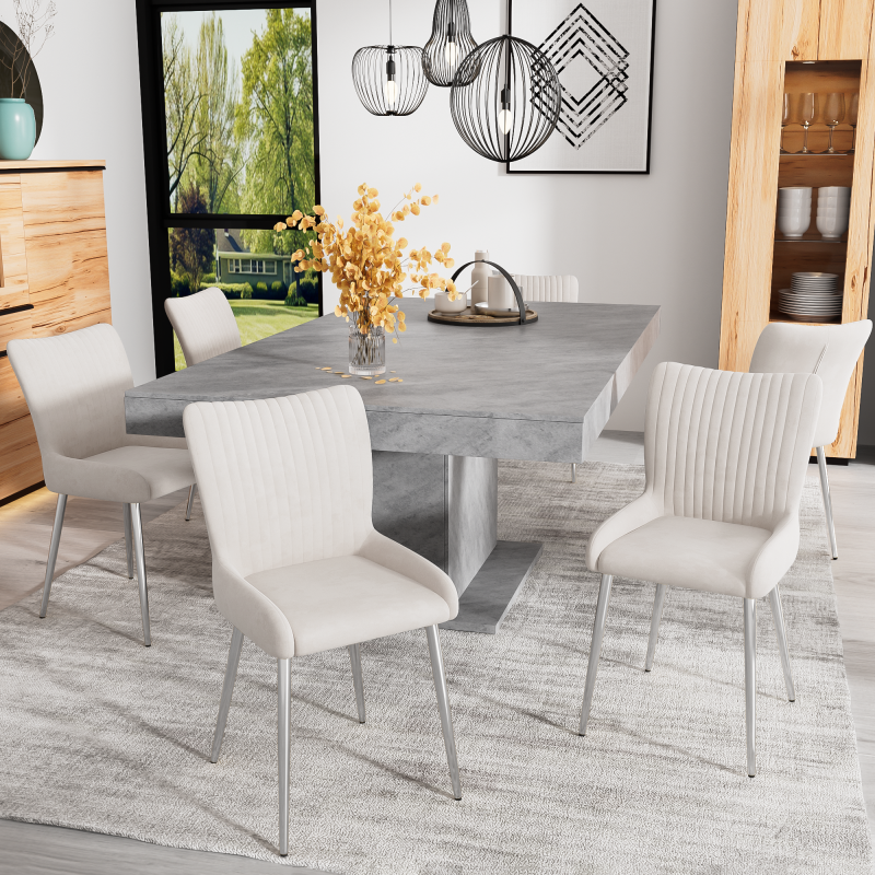 Samt-Esszimmerstuhl, 2er-Set, Lounge-Stuhl mit vier Silberne Metallstützbeinen, Lendenwirbelstütze, Beige