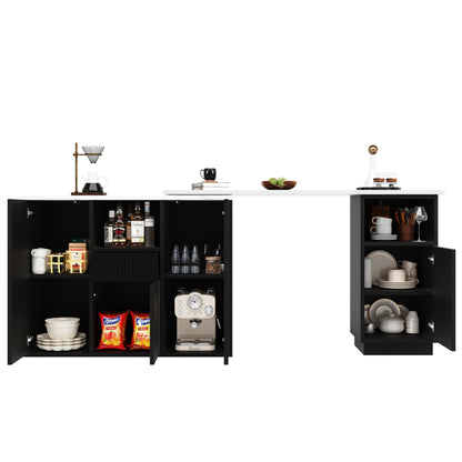 Um 360° drehbarer Bartisch (Hauptkörper 198,5 x 30 x 75 cm), modernes und schlichtes schwarzes Design, mit offenem Stauraum und Marmor-Arbeitsplatte, multifunktionale Aufbewahrungsinsel, geeignet für