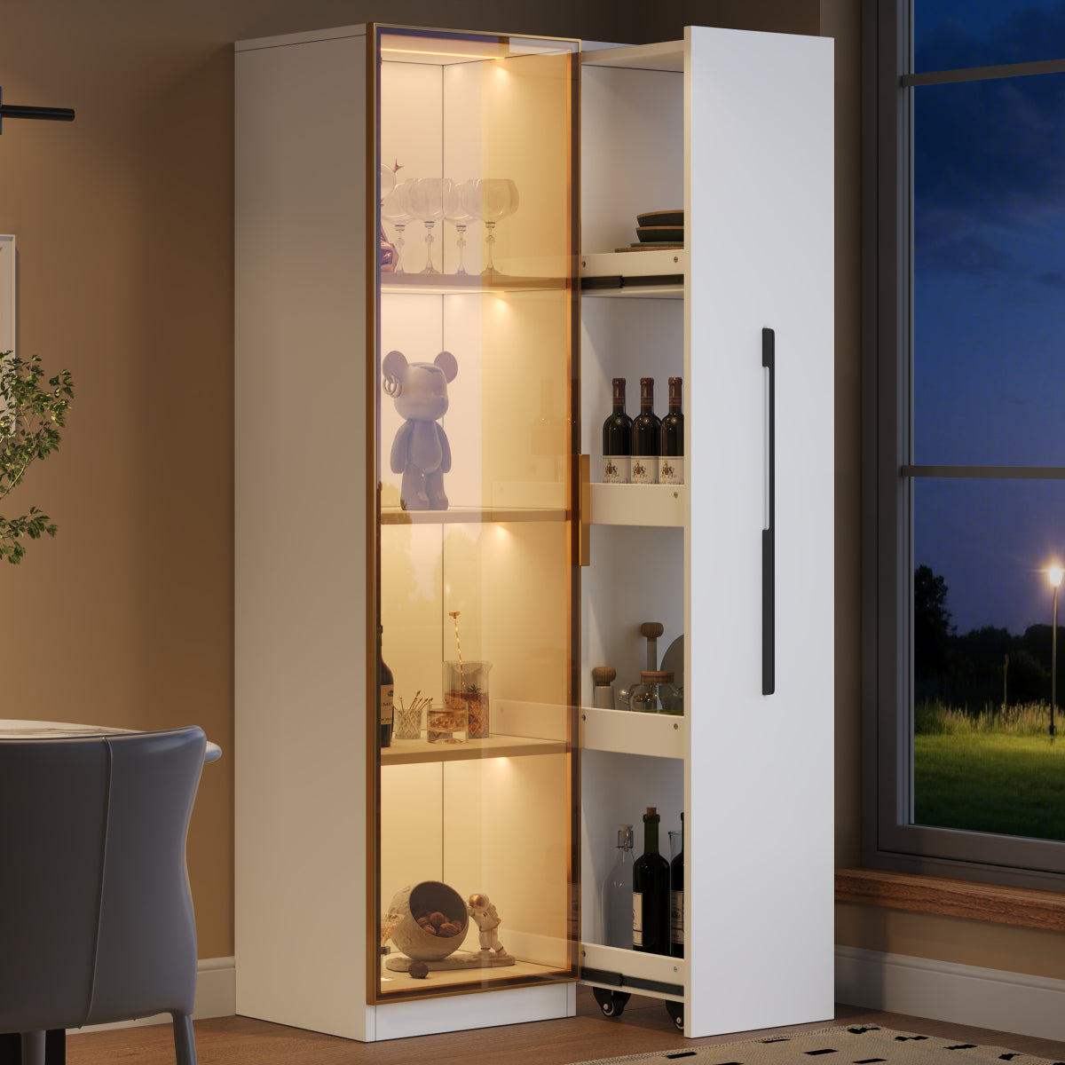 Vitrine 70x40x160cm mit LED-Beleuchtung & Seitenauszug - Weißer Glasschrank mit bernsteinfarbenem Glas, Gold-Akzenten & Rollen