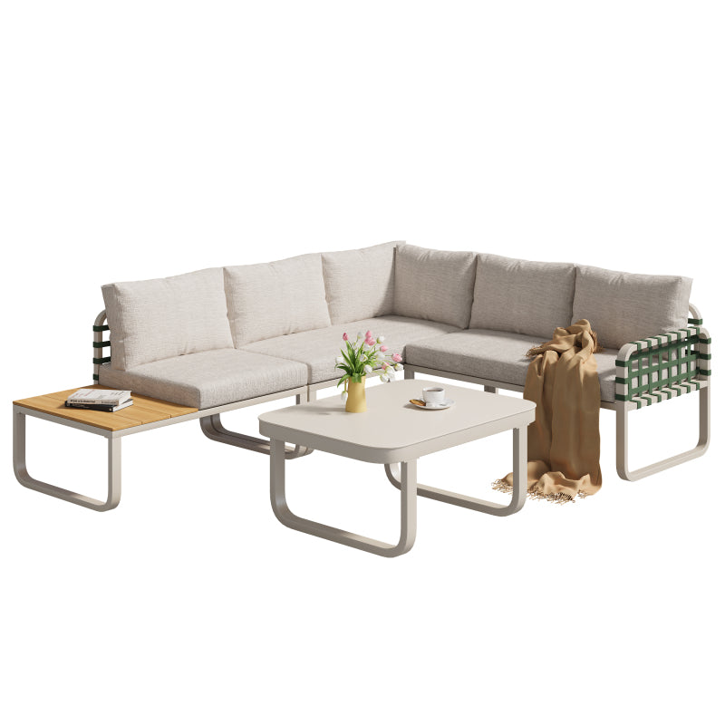 Garten Lounge Set (4-5 Sitzer), Grünes Leder Rattan Gartenmöbel Set, Modernes Outdoor Sofa Set inkl. aller Sitz- und Rückenkissen, Balkonset, Garten und Terrasse, Aprikose