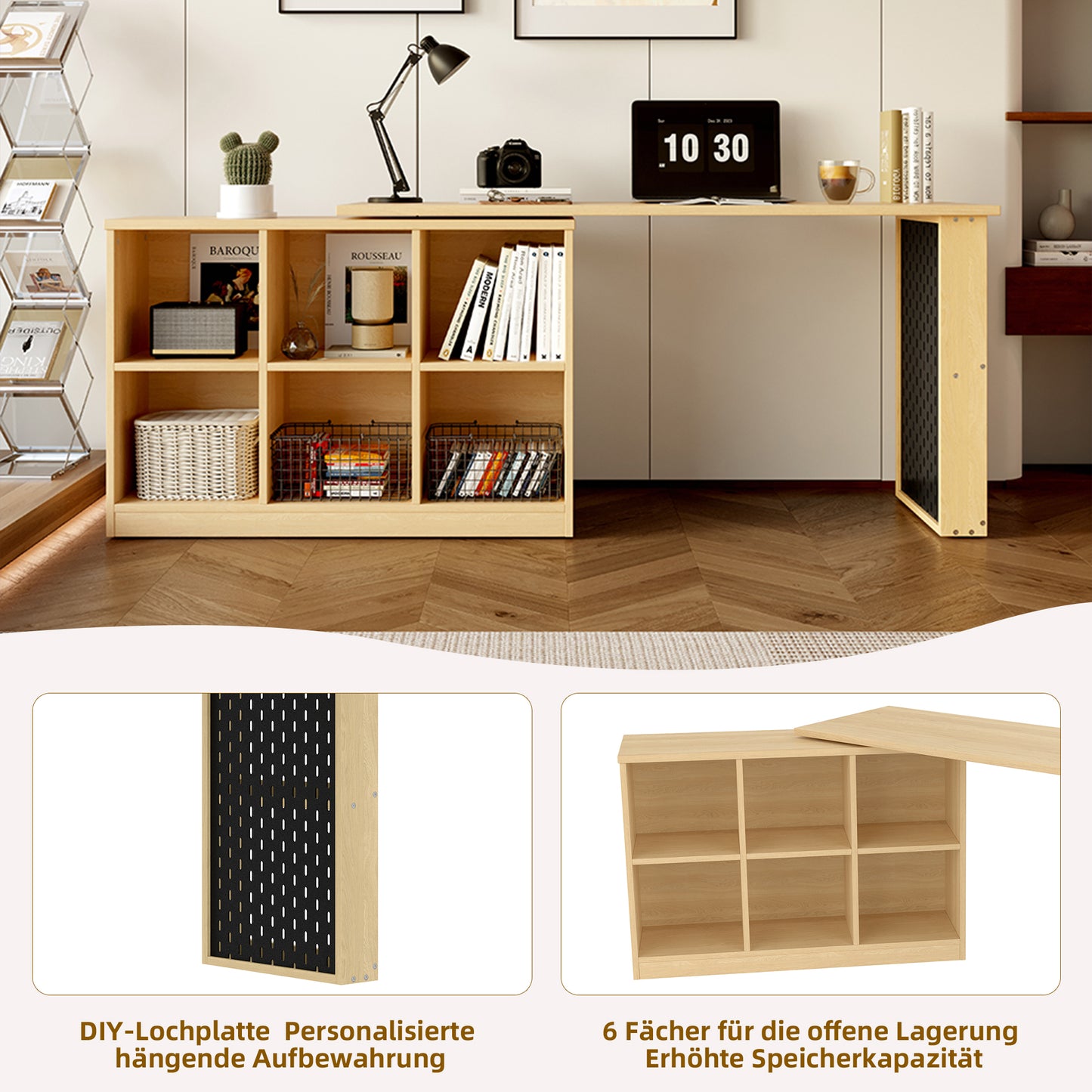 Multifunktionaler Bürotisch, Sechsfach-Lagerschrank + Ablage, super belastbar, veränderbare Form, Natural