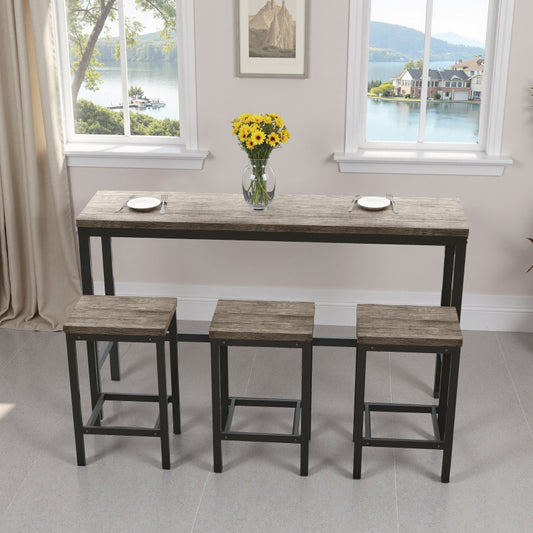 148CM Modern Design Kitchen Dining Table, Pub Table, Long Dining Table Set with 3 Stools;Modernes Design Küche Esstisch, Kneipentisch, Langer Esstisch Set mit 3 Hockern, Einfache Montage, Braun Grau