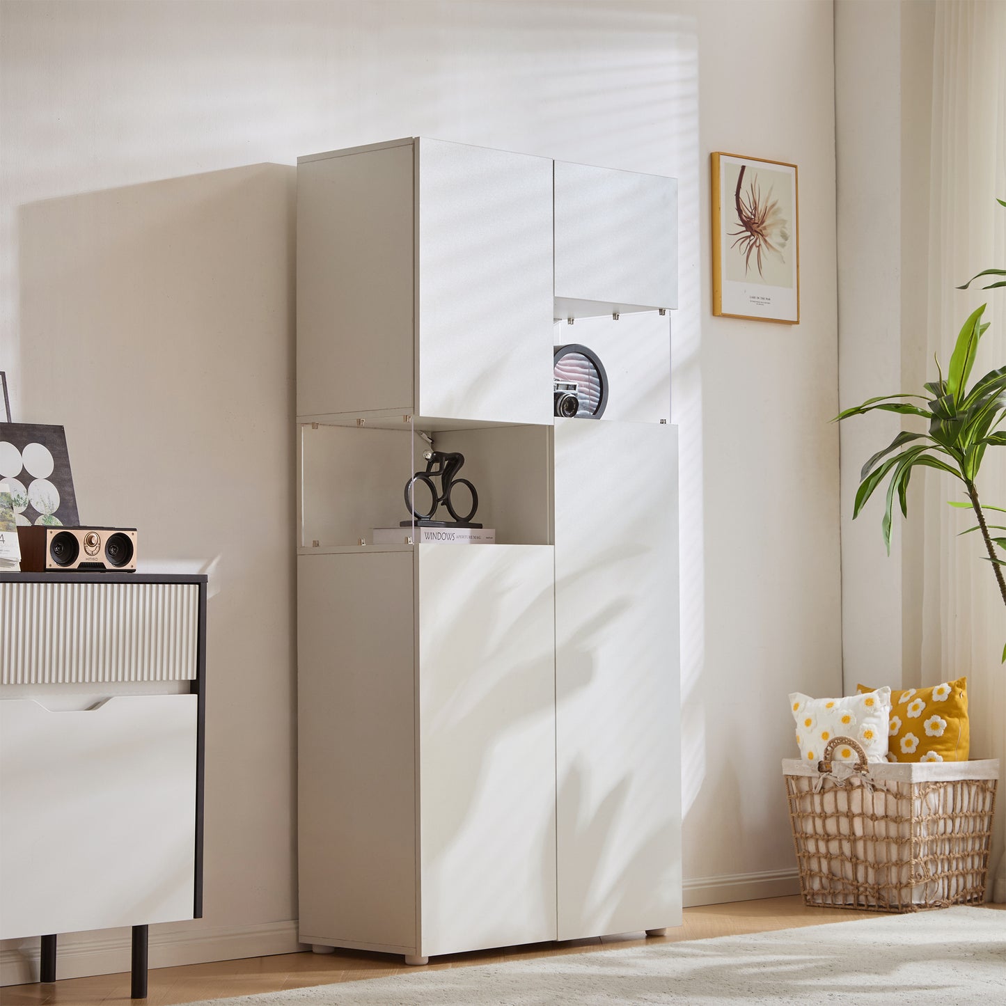 Vitrine mit LED-Beleuchtung, Hochschrank mit transparentes Acryl, für Wohnzimmer Büro Küche, offene Lagerung, Weiß