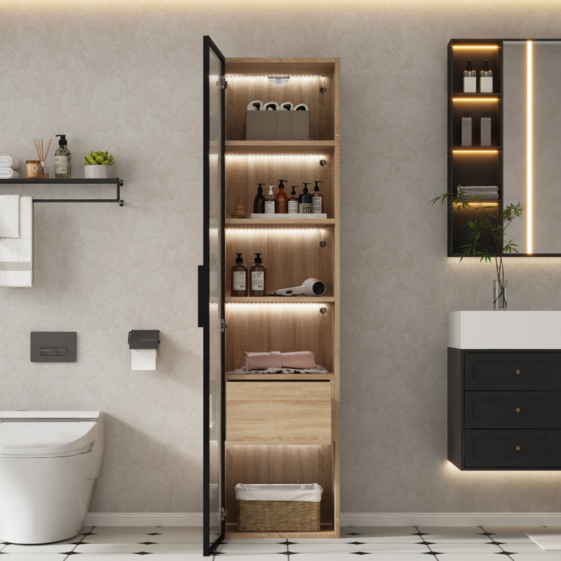 Badezimmerschrank, mittel, mit Lichtleiste, 40 cm breit, mit 1 großen Schubladen und 1 Türen, Glastür