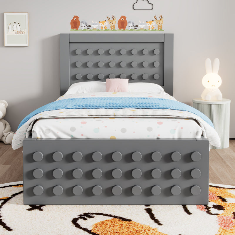Holzbett Einzelbett 90x200 cm, Kinderbett Jugendbett mit Kreativem Block Design, Massivholz Bettgestell mit Lattenrost, mit Schubladen & Unterm Bett Stauraum, Grau, Ohne Matratze