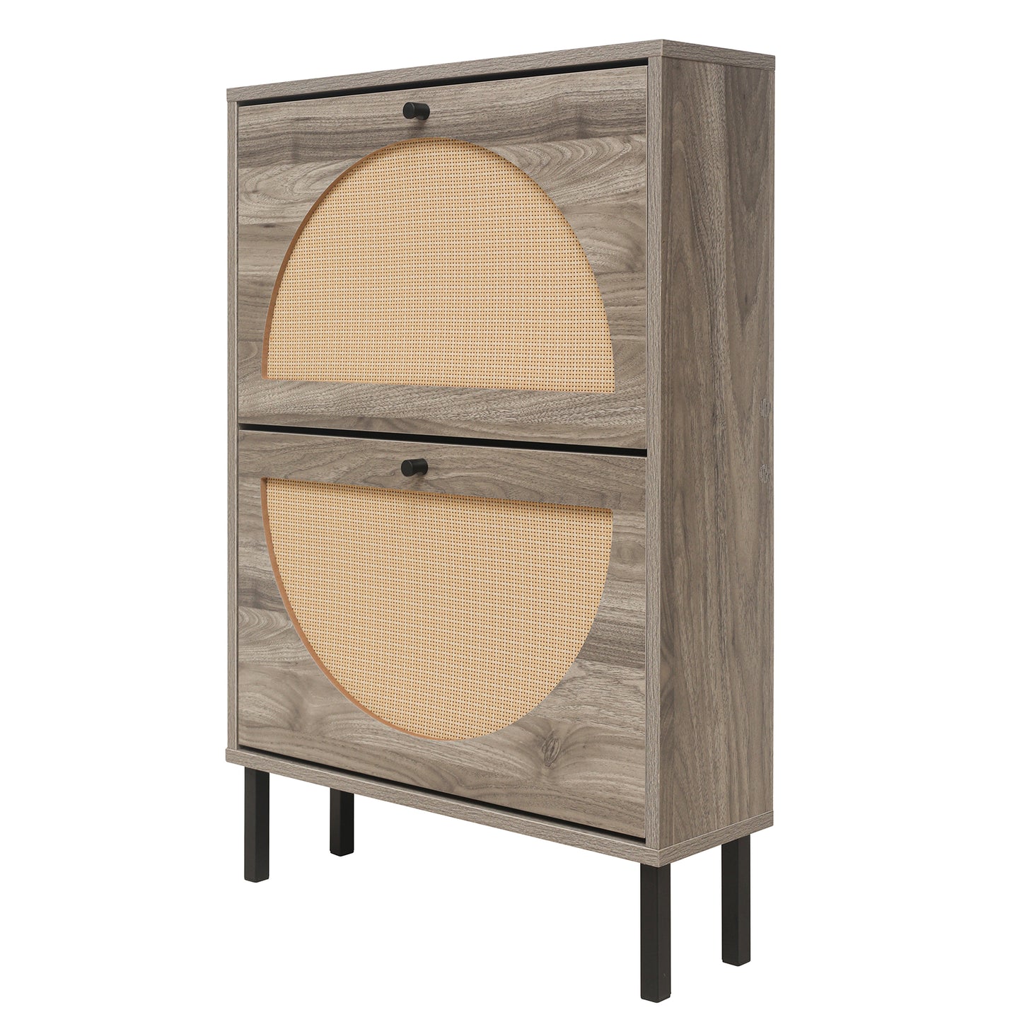 Schuhschrank mit zwei Türen, austauschbaren halbrunden Türfronten und Rattan-Oberfläche, geeignet für den Eingangsbereich und andere Szenen, Retro-grauer