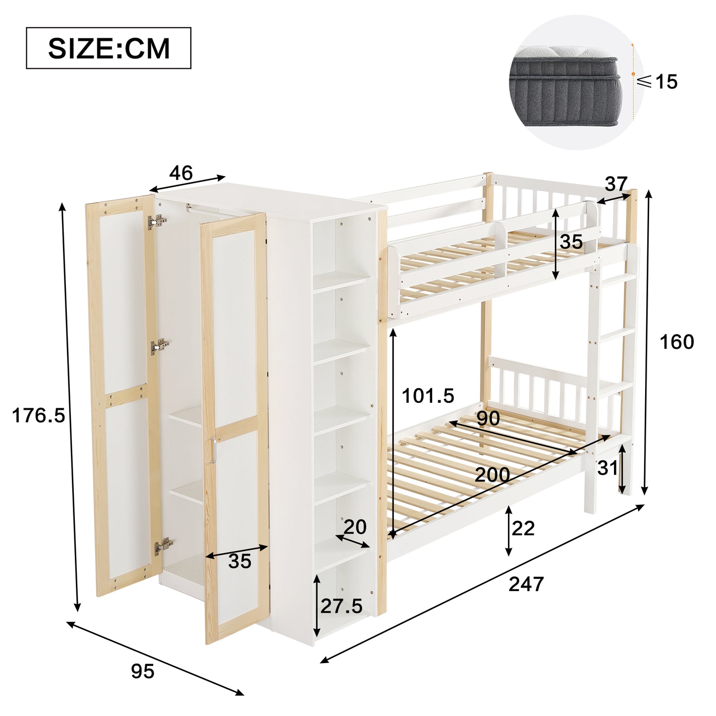 Etagenbett, Kinderbett mit Fallschutz und Gitter, mit 4-stufiger Leiter, 6 offenen Regalen, Kleiderschrank seitlich, Reichlich Stauraum,  Kiefer+PB, Weiß+Natur,  90x200cm