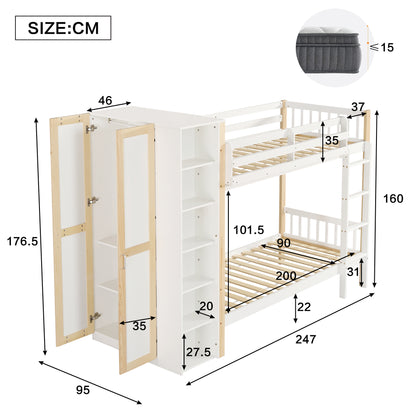 Etagenbett, Kinderbett mit Fallschutz und Gitter, mit 4-stufiger Leiter, 6 offenen Regalen, Kleiderschrank seitlich, Reichlich Stauraum,  Kiefer+PB, Weiß+Natur,  90x200cm