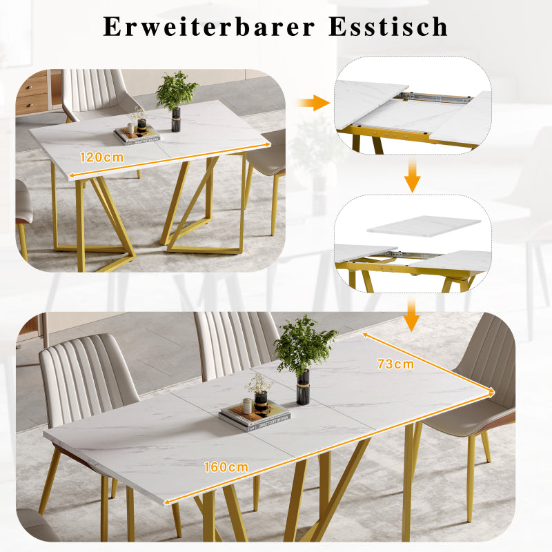 Moderner Esstisch mit Marmor-Muster, erweiterbar, Weiß+Gold