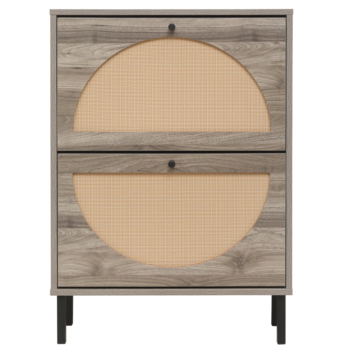 Schuhschrank mit zwei Türen, austauschbaren halbrunden Türfronten und Rattan-Oberfläche, geeignet für den Eingangsbereich und andere Szenen, Retro-grauer