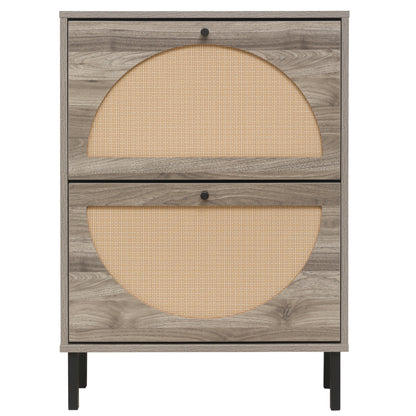 Schuhschrank mit zwei Türen, austauschbaren halbrunden Türfronten und Rattan-Oberfläche, geeignet für den Eingangsbereich und andere Szenen, Retro-grauer