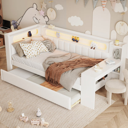 Gepolstertes 90x200 Tagesbett mit USB-Anschlüssen und LED-Gürtel, mit Ausziehbett und Schreibtisch, Weiß