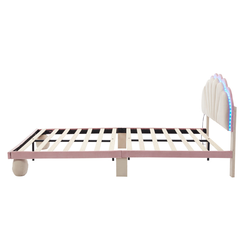 Polsterbett mit mehrfarbigen, wechselnden Lichtstreifen, Kopfteil mit Wellenschliff, mit gepolsterter runden Beine, Kinderbett, Jugendbett mit Holzlatten, Doppelbett, Samt, Beige+Rosa, 140x200cm