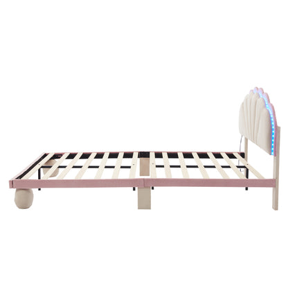 Polsterbett mit mehrfarbigen, wechselnden Lichtstreifen, Kopfteil mit Wellenschliff, mit gepolsterter runden Beine, Kinderbett, Jugendbett mit Holzlatten, Doppelbett, Samt, Beige+Rosa, 140x200cm