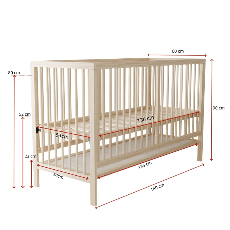 Holz Babybett, umwandelbar in Nebenbett / Malerbrettständer / Schreibtisch, höhenverstellbar, ohne Matratze, aus Fichte, naturfarben, 140x60x90cm
