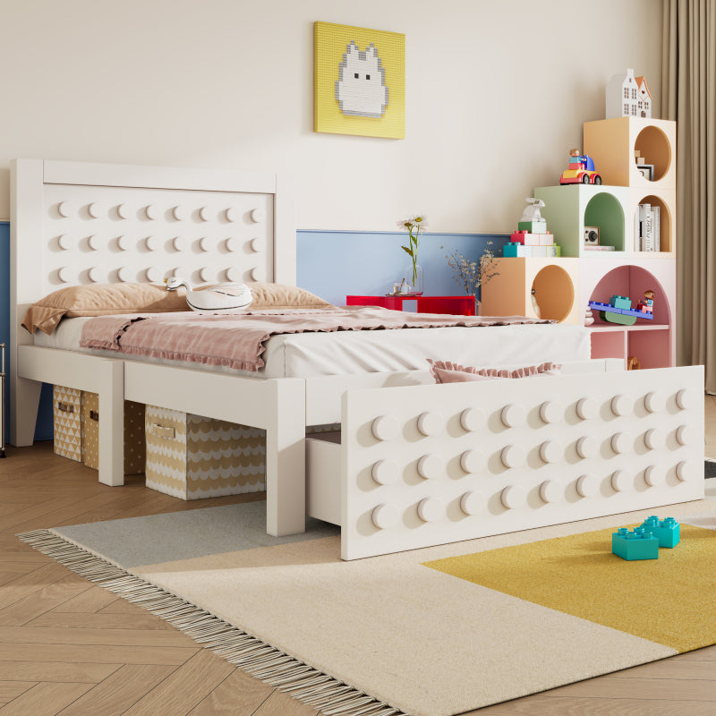 Holzbett Einzelbett 90x190 cm, Kinderbett Jugendbett mit Kreativem Block Design, Massivholz Bettgestell mit Lattenrost, mit Schubladen & Unterm Bett Stauraum, Weiß, Ohne Matratze