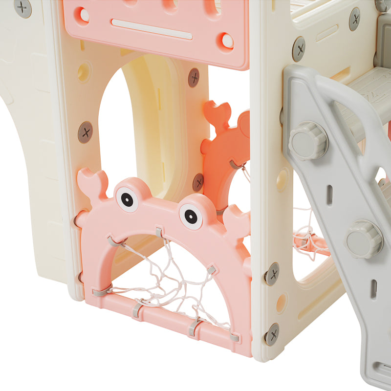 Kinderspielplatz-Set 8-in-1, Freistehendes Meerestier-Motiv-Set mit Rutsche, Bogentunnel, Basketballkorb und Teleskop, Doppelte Rutschen für Kleinkinder, Klettergerüst für Kinder