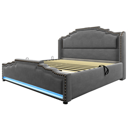 Polsterbett 140x200, Doppelbett mit hydraulischem Stauraum, LED-Beleuchtung und USB-C-Ladeanschluss, Stauraumbett und Jugendbett mit Lattenrost, Samt, Grau, Mit Matratze