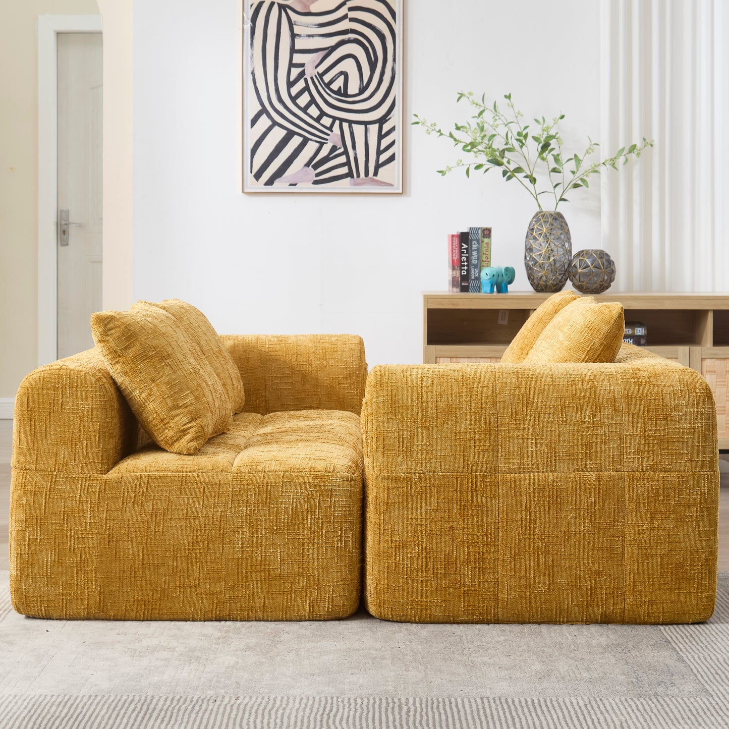 Modernes Sektionssofa, L-Sofa, 3-Sitzer-Sofa, keine Installation erforderlich, Chenille-Sofa mit Chaiselongue und Armlehnen, 3 Kissen, Seitentasche für Fernbedienung, Gelb