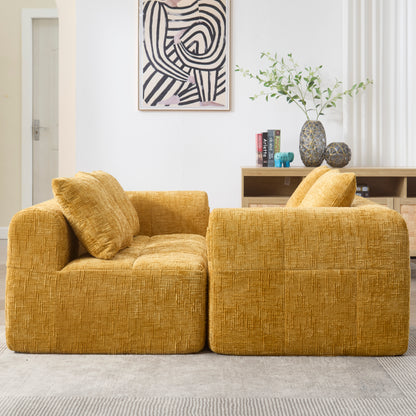Modernes Sektionssofa, L-Sofa, 3-Sitzer-Sofa, keine Installation erforderlich, Chenille-Sofa mit Chaiselongue und Armlehnen, 3 Kissen, Seitentasche für Fernbedienung, Gelb
