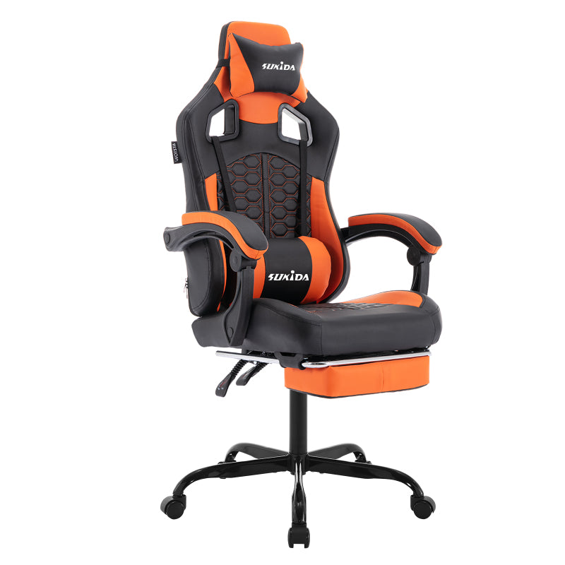 Gaming Stuhl, Ergonomischer Gaming-Stuhl mit Fußstütze, Racing Gaming Chair Kopfstütze Verstellbarer Computerstuhl Höhenverstellbar Lendenwirbelstütze für Homeoffice und Gaming Schwarz