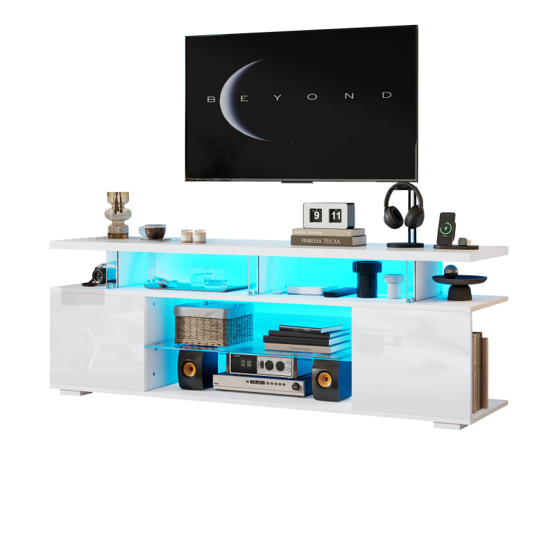 Moderner Low-Panel-Hochglanz-TV-Ständer mit LED-Beleuchtung, TV-Panel, TV-Glasschrank für 60-Zoll-Fernseher, Tische, universelle Gaming-Medienständer, Stauschränke und große Stauräume, Reinweiß