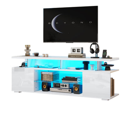 Moderner Low-Panel-Hochglanz-TV-Ständer mit LED-Beleuchtung, TV-Panel, TV-Glasschrank für 60-Zoll-Fernseher, Tische, universelle Gaming-Medienständer, Stauschränke und große Stauräume, Reinweiß