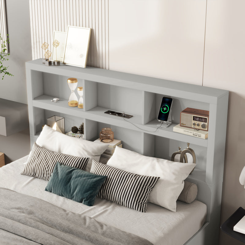 160*200cm Doppelbett, Kingsize-Plattformbett mit zwei Schubladen am Fußende des Bettes, Kopfteil mit Stauraum, Grau