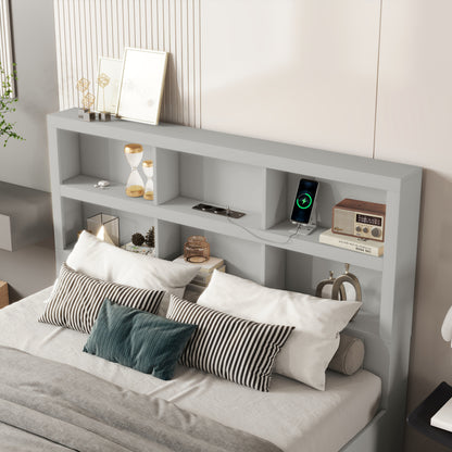 160*200cm Doppelbett, Kingsize-Plattformbett mit zwei Schubladen am Fußende des Bettes, Kopfteil mit Stauraum, Grau