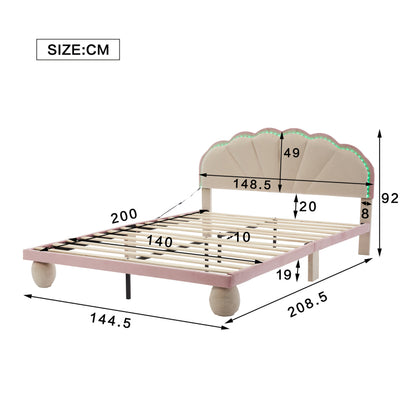 Polsterbett mit mehrfarbigen, wechselnden Lichtstreifen, Kopfteil mit Wellenschliff, mit gepolsterter runden Beine, Kinderbett, Jugendbett mit Holzlatten, Doppelbett, Samt, Beige+Rosa, 140x200cm