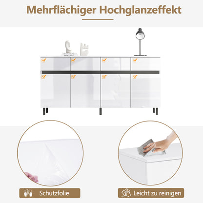 Hochglanz Sideboard, Kommoden,Highboard, Schubladenkommoden mit 4 Schubladen2 Türen und höhenverstellbaren Regalböden, weiß