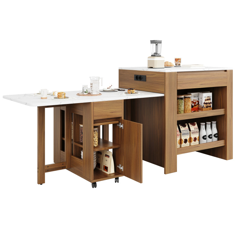 Ausziehbarer Bartisch mit Stauraum(110-124×78×97.5cm), für 2-6 Personen, Kücheninseln mit 2 Schubladen, 2 seitliche offene Regale und eingebaute Steckdose,Tischplatte aus weiß marmoriertem MDF,Braun