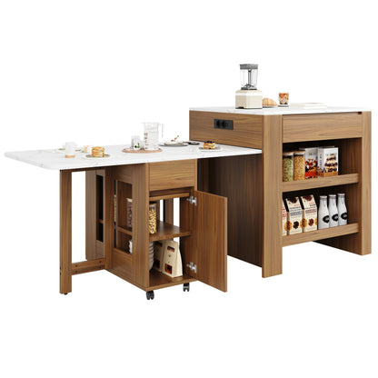 Ausziehbarer Bartisch mit Stauraum(110-124×78×97.5cm), für 2-6 Personen, Kücheninseln mit 2 Schubladen, 2 seitliche offene Regale und eingebaute Steckdose,Tischplatte aus weiß marmoriertem MDF,Braun