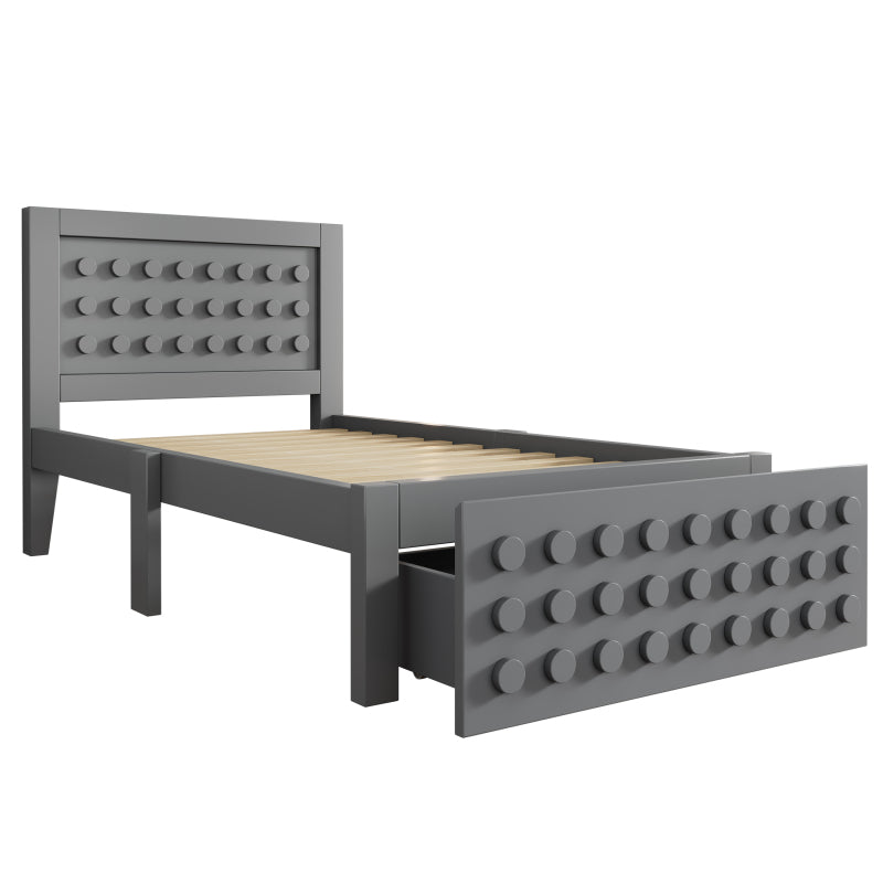 Holzbett Einzelbett 90x200 cm, Kinderbett Jugendbett mit Kreativem Block Design, Massivholz Bettgestell mit Lattenrost, mit Schubladen & Unterm Bett Stauraum, Grau, Ohne Matratze